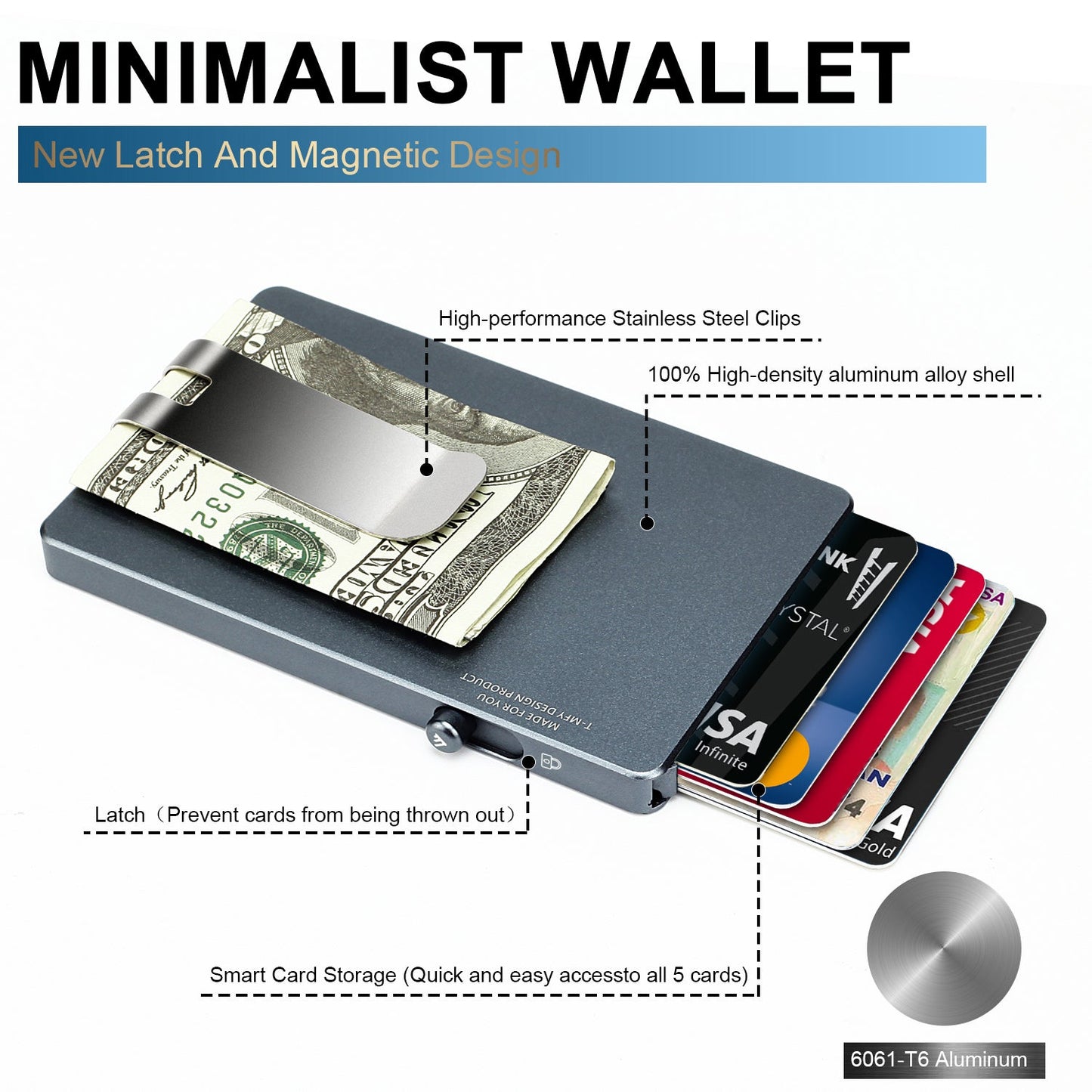 Minimalist Pop up Wallet with Money Clip, All Aluminum Slide Rfid Slim Card Holder
